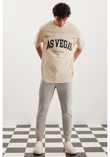 GRIMELANGE Norıs Erkek Regular Fit %100 Pamuk Baskılı Bej T-shirt Bej