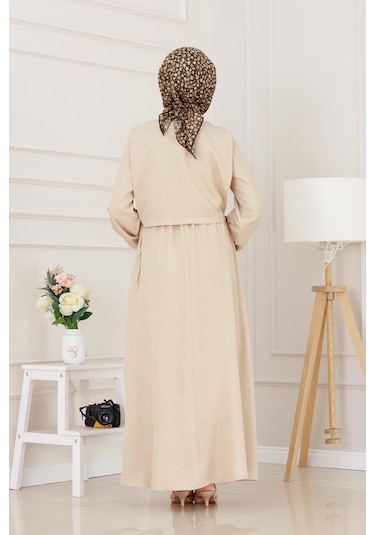 Yanları Bağlamalı Elbiseli Takım-bej-5022 Bej
