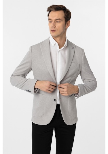 Süvari Gri Slim Fit Armürlü Sivri Yaka 6 Drop Ceket