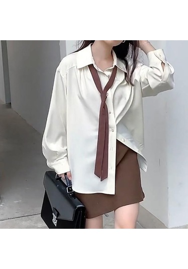 Gri Sonbahar Minimalist Uzun Kollu Düğme Yukarı Gömlek Kadın Kore Tarzı Katı Kravat Büyük Boy Gömlek Bluz Gevşek Elbise Tops Gri