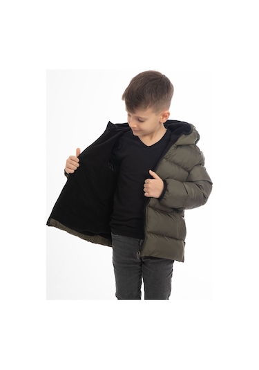 Erkek Çocuk Haki Içi Polarlı Kapüşonlu Su Geçirmez Rüzgara Dayanıklı Şişme Kışlık Mont Haki
