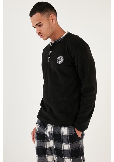 Buratti Ekose Regular Fit Bisiklet Yaka Kışlık Polar Erkek Pijama Takımı 609610013W4 Siyah-Beyaz