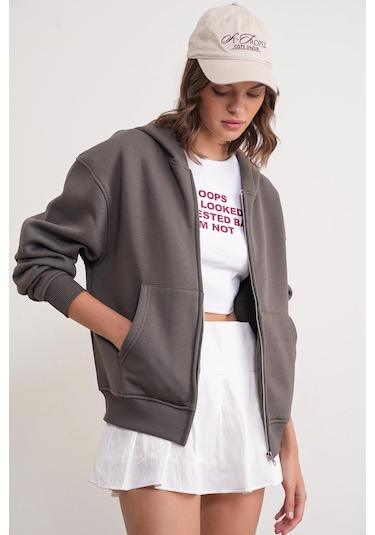 Mixray 2023 Unisex 3iplik Basic Polarlı Fermuarlı Sweatshirt Hoodie Antrasit