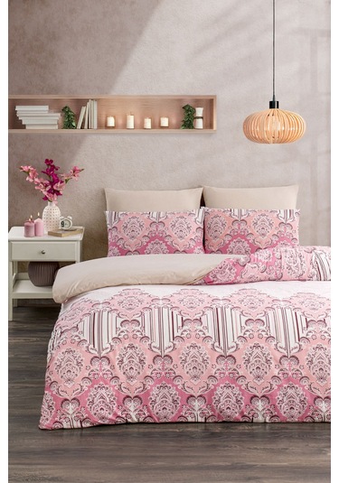 Tabea Home Soft Dreams Serisi Rose Çift Kişilik Pamuklu Desenli Nevresim Takımı Lastikli Çarşaflı Pudra
