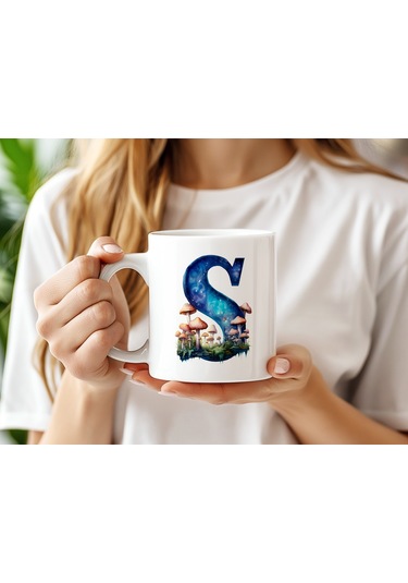 S Baş Harfi Fantastik Mantarlı Kupa Bardak - Kişiye Özel Masalsı Bardak - Hediye Beyaz