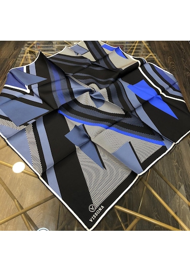 Vissona Twill İpek Eşarp Siyah, Saks Mavisi