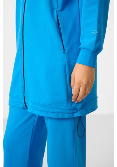 Mavi Dik Yaka Fermuarlı Pamuklu Kadın Eşofman Tunik Takım - 95346 Mavi