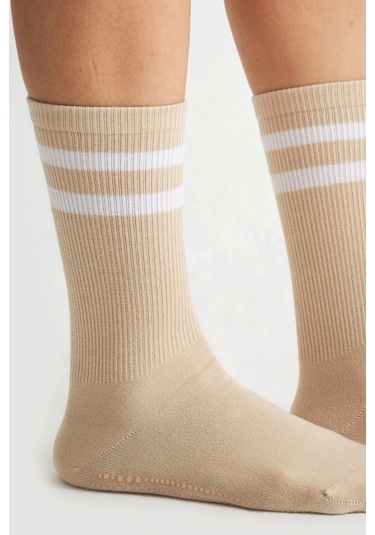 Bambu Kadın Krem Kaydırmaz Taban Silikon Baskı Yoga Fitness Pilates Bale Dans Tenis Çorabı Çok Renkli