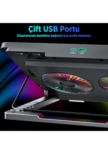 Juo Odin Rgb Işıklı Gaming 2200rpm Çift Fan Led Display Laptop Notebook Soğutucu Stand