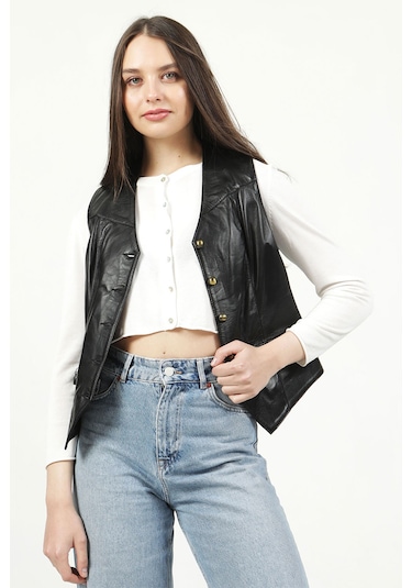 Dericlub Vittoria Kadın Düğmeli Slim Fit Hakiki Deri Yelek Siyah Siyah