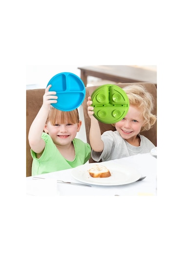 Sones 3 Bölmeli Bebek Silikon Vakumlu Bardak Tabak Çocuk Tamamlayıcı Beslenme Kabı Mavi