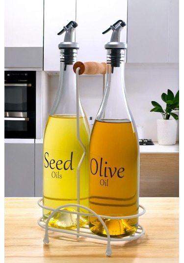 Digithome Pure 2'li Krem Metal Standlı Ahşap Saplı Yağdanlık Seti Şeffaf Etiketli Cam Yağlık 750 Ml Cys-16 Krem