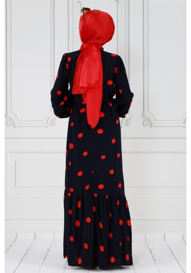 Puantiyeli Kuşaklı Tesettür Elbise-kırmızı-3588-gece Mavisi Gece Mavisi