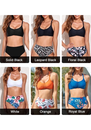 Geeroyoo Kadınlar İçin Yazlık Desenli Yüksek Bel İki Parça Mayo, Ayarlanabilir Y Sırt, Mavi Çiçek Desen, Asya Beden L Kraliyet Mavisi