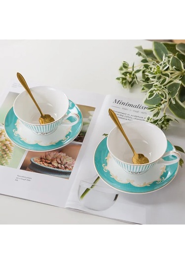 Myinkai 3-piece Set Mavi Çizgili İngilizce Kemik Çini Kahve Açık Mavi