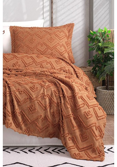 İyi Geceler İstanbul Aztec Kiremit Çift Kişilik %100 Pamuk Yatak Örtüsü Seti Kiremit
