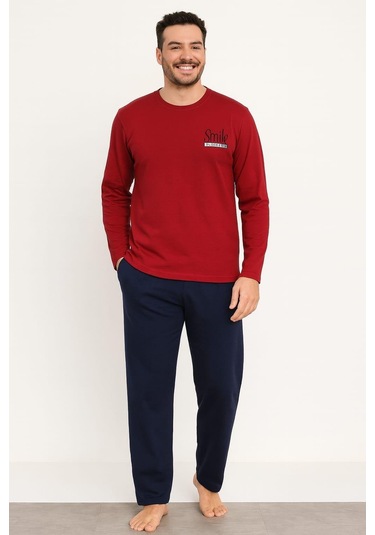Erkek 6150 Uzun Kol % 100 Pamuk Pijama Takımı Bordo Bordo