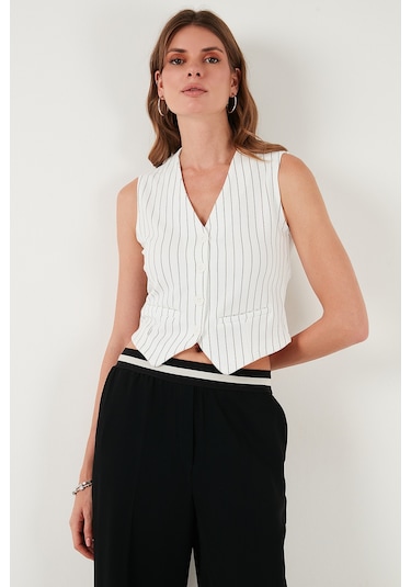 Lela Streç Fitted Fit V Yaka Düğmeli Bayan Yelek 5865971 Beyaz-Siyah