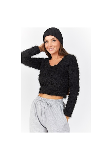Armonika Kadın Siyah Pullu Sakallı Crop Kazak Arm-22y001179