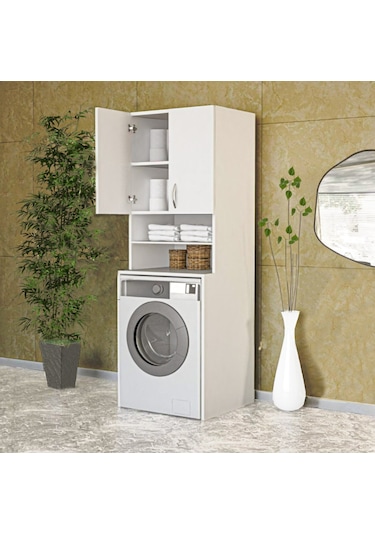 Papatya Çamaşır Makinesi Dolabı, Banyo Dolabı, 4 Raflı, Kapaklı, Beyaz Dolap Beyaz