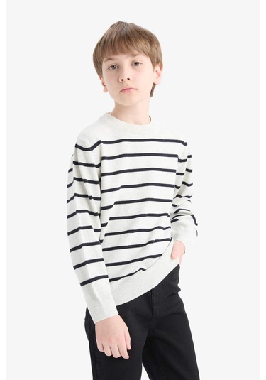 Defacto Erkek Çocuk Bisiklet Yaka Çizgili Triko Kazak F0962a825wner123 Ekru