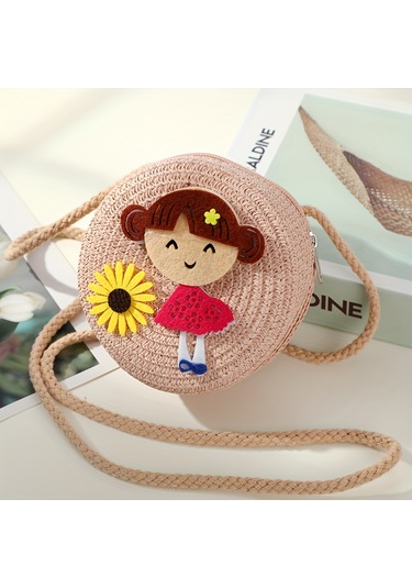 Yaz Çocuk Çantası, Kız Sevimli Crossbody Sahil Hasır Çanta Örgülü Çanta İhale Pembe
