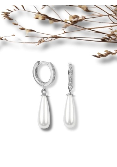 Şık Ve Zarif 925 Ayar Uzun Drop İnci Taşlı Gümüş Küpe