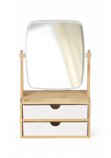 İronika Bambu 2 Çekmeceli Aynalı Makyaj Organizeri Saat Kolye Yüz