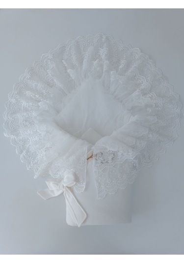 Dantelli Bebek Battaniyesi %100 Pamuklu Doğal Organik Uyku Kundağı Hediyelik Yenidoğan Mevlütlük Knd45516 Ekru