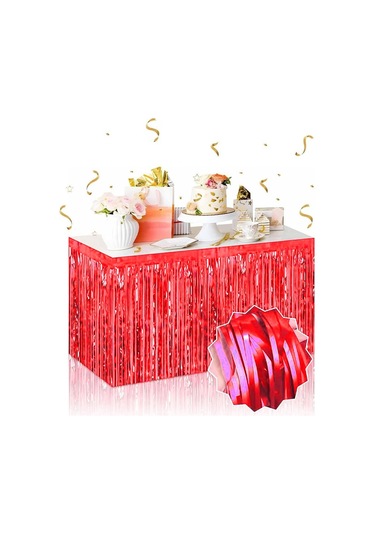Kendinden Yapışkanlı Kırmızı Metalize Püsküllü Masa Eteği 75 X 275 Cm Parti Süslemesi