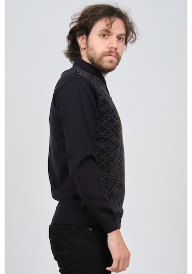 Ateş Triko Erkek Cep Detaylı Polo Yaka Desenli Yün Kazak 6092097 Lacivert