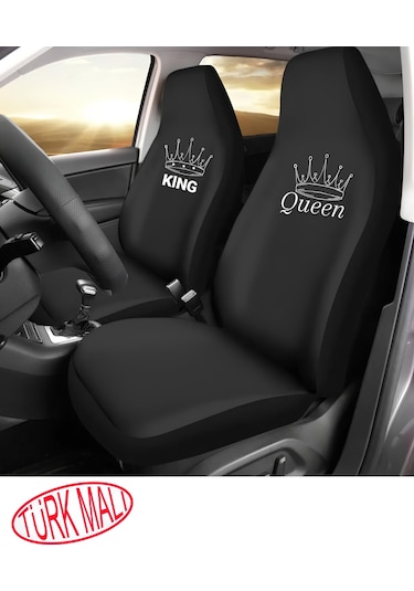 Penye Oto Koltuk Kılıfı King & Queen Baskılı Siyah Ön Koltuklar