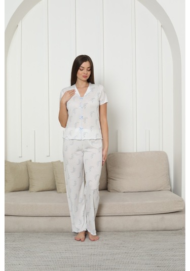 Kadın Örgü Kumaş Blue Flower Pattern Kısa Kol Pijama Takımı Mavi