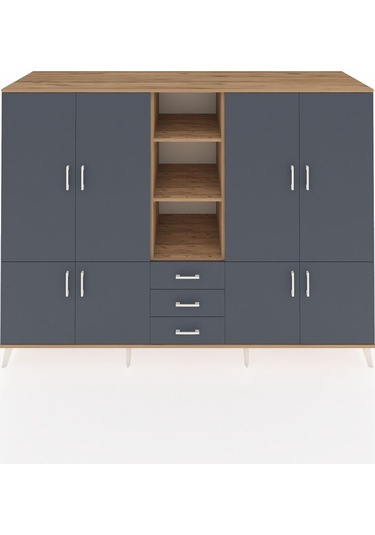 Kronos Dolap 11 Raflı 3 Çekmeceli 8 Kapaklı 220x59x163 Çam-antras Çam-antrasit