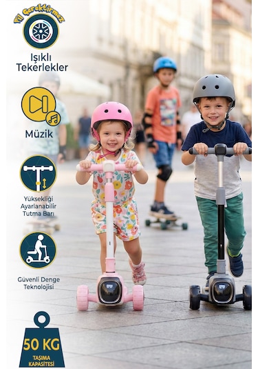 Prego Flow Müzikli Işıklı Oturaklı Çocuk Scooter Katlanabilir - Yükseklik Ayarlı Pembe