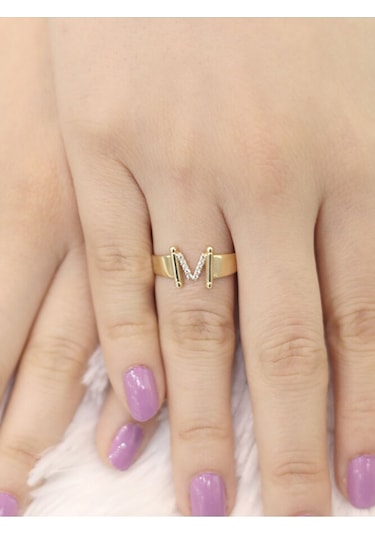 14 Ayar Altın Küçük V Harfli Taşlı Yüzük