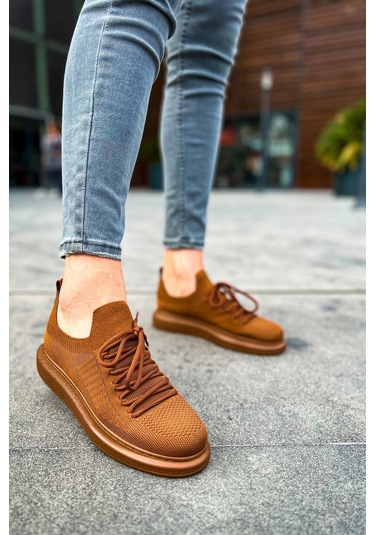 Pabucmarketi Bağcık Detaylı Triko Kumaş Erkek Spor Ayakkabı Kahve Çok Renkli