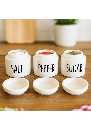 Porsima 18128 3'lü Porselen Ergonomik Baharatlık Seti Yuvarlak Formlu Baharat Takımı Beyaz Beyaz