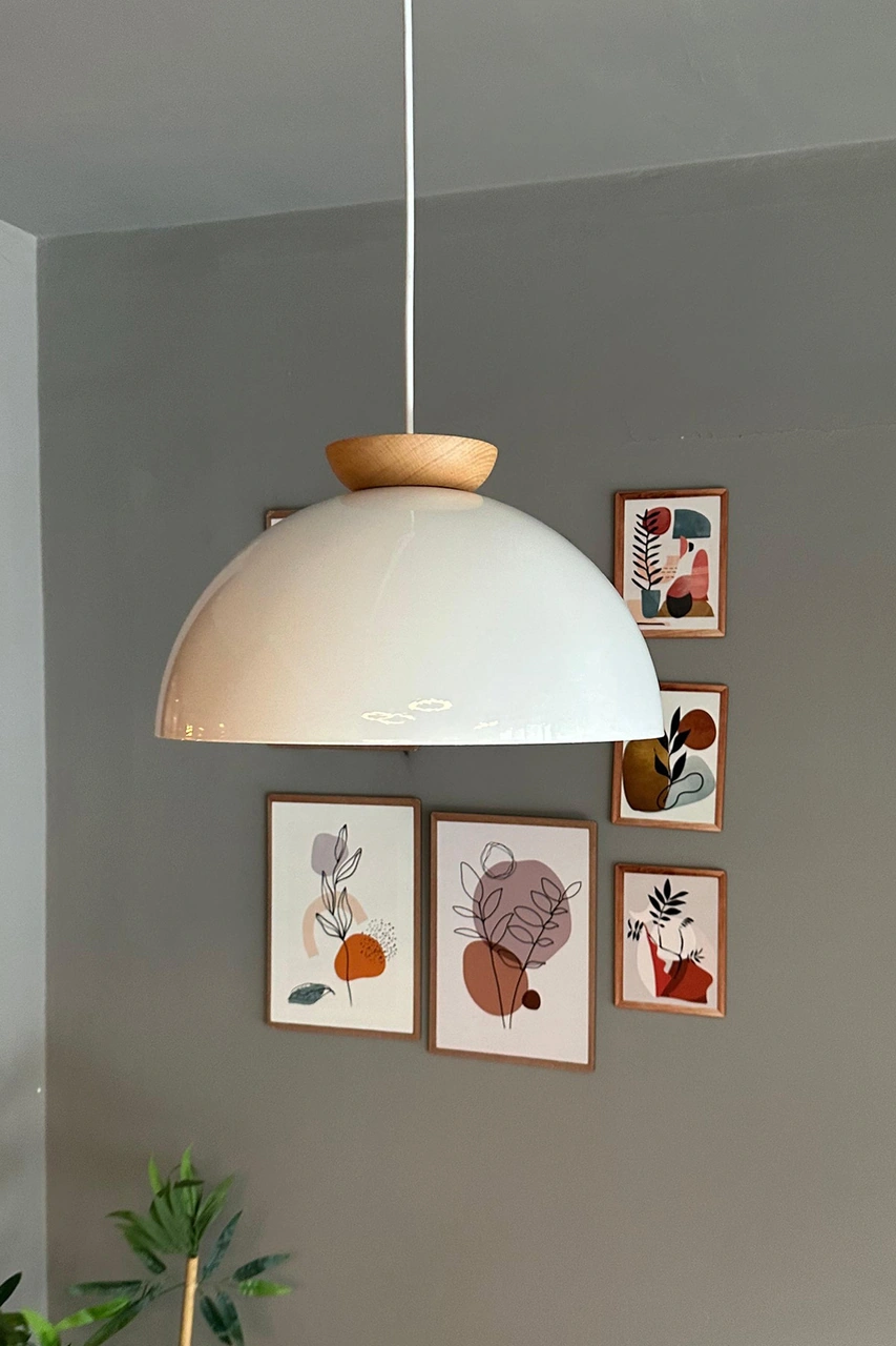 Yimpi Beyaz Avize Ahşap Tekli Sarkıt Salon Kuaför Cafe Dekoratif Aydınlatma Pastane Beyaz