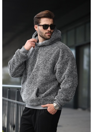 Gri Peluş Kapüşonlu Erkek Sweatshirt 6050 Gri
