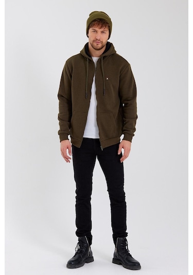 Polostate Erkek Fermuarlı Kanguru Cep 3 İplik Sweatshirt Haki