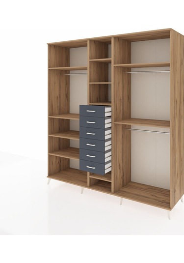 Kronos Dolap 10 Raflı 6 Çekmeceli 3 Askılı 220x59x243 Çam-çam/antrasit Atlas Çam/antrasıt