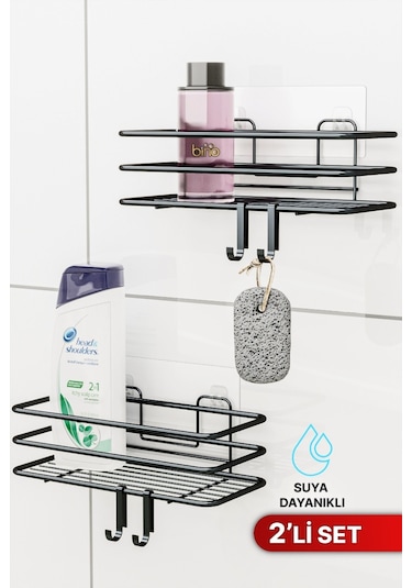 Bino 2li Set Banyo Düzenleyici Şampuanlık Mat Siyah Yapışkanlı 4 Askılı Duş Rafı Paslanmaz Organizer Siyah