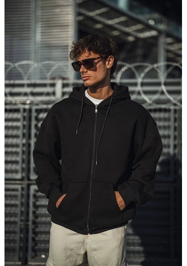 Efnaz Style Oversize Tam Fermuarlı Uzun Kol Hırka - Siyah