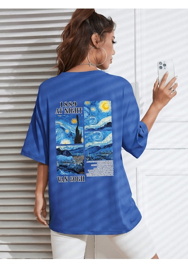 Uyguntarz Unisex Van Gogh Baskılı Oversize Tshirt Mavi