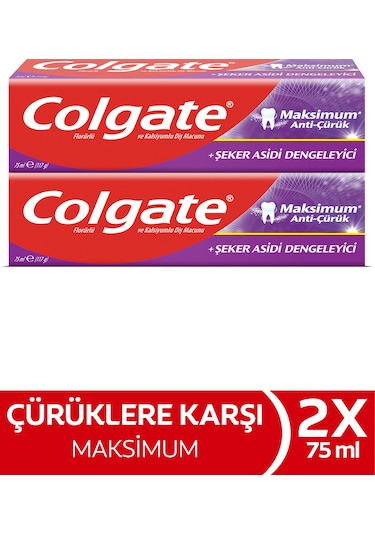 Colgate Maksimum Anti Çürük Şeker Asidi Dengeleyici Diş Macunu 2 x 75 ML