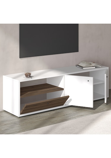 Pao Kapaklı Minimal TV Sehpası – 136 cm, Beyaz/Antik Ceviz