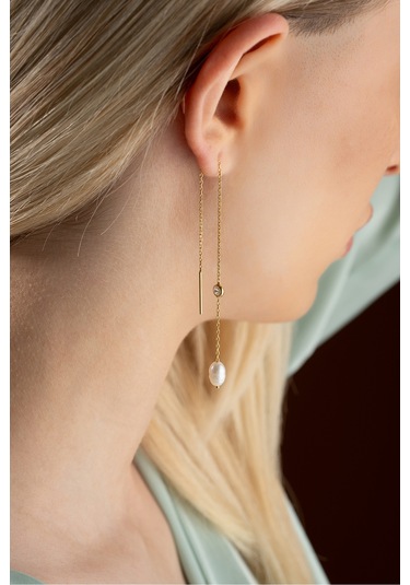 Nereze 925 Ayar Gümüş Gold Tektaş Detaylı İncili Zincir Küpe