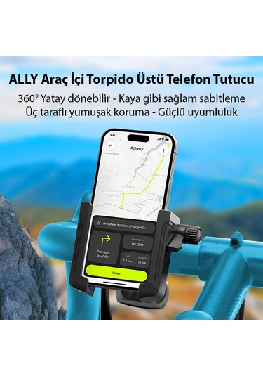 Ally Motosiklet Bisiklet Scooter İçin 360 Derece Dönebilen Gidon Bağlantılı Telefon Tutucu Siyah