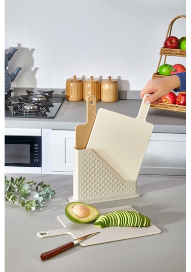 4 Parça Standlı Kesme Tahtası Seti - Ekmek/ Sebze Kesme Tahtası